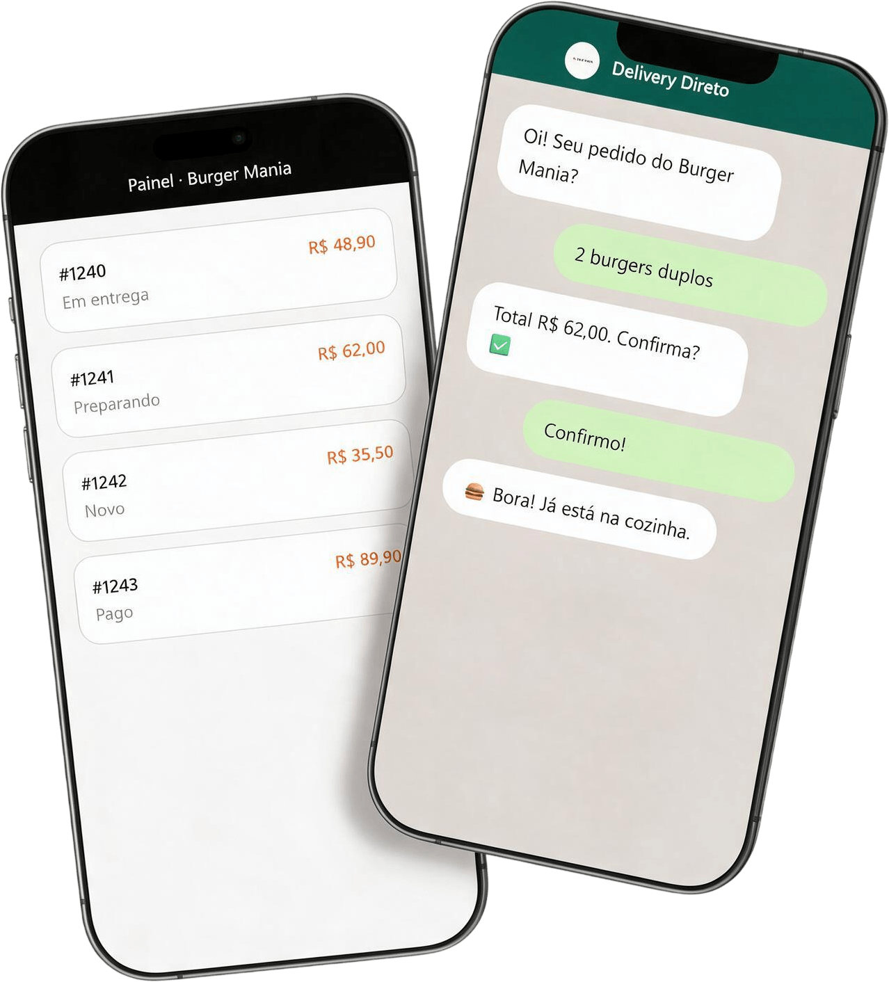 Panel de pedidos de Burger Mania y conversación automatizada en el WhatsApp de Delivery Direto
